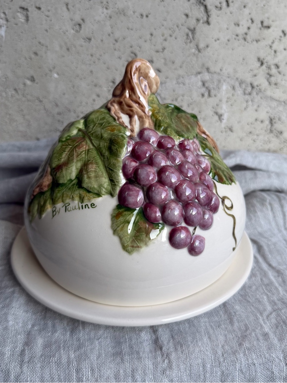 Ceramic Grape Dome Dish with Hand-Painted Leaves